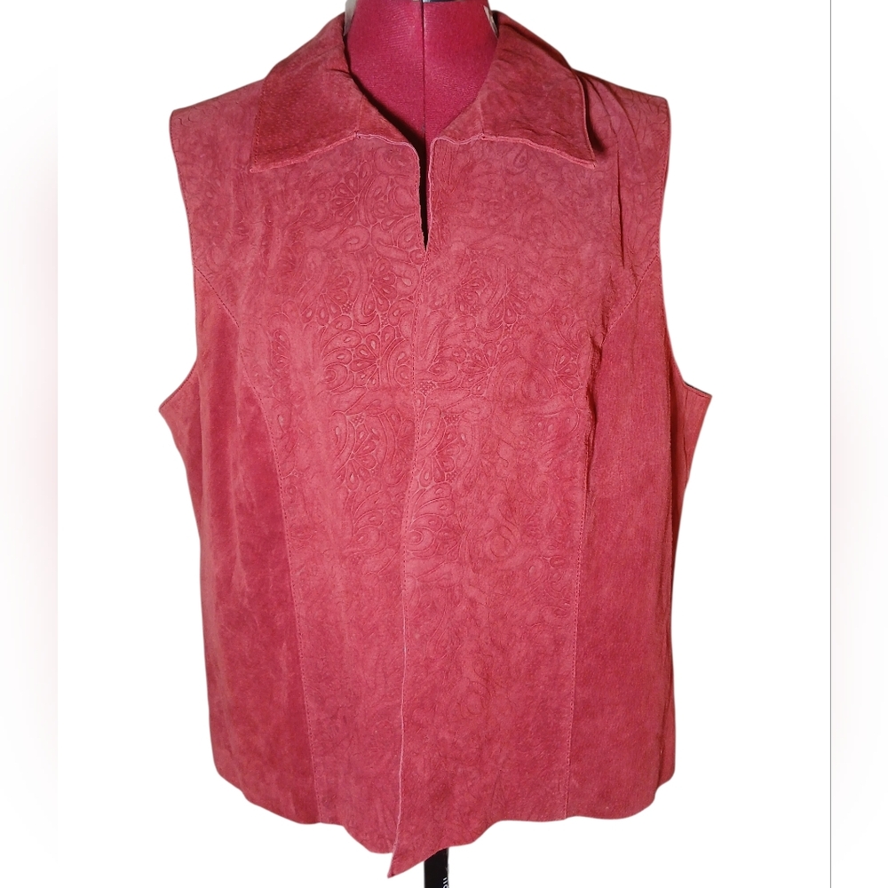 NWT New Coldwater Creek Suede Leather Tooled Red / Burgundy Vest XL